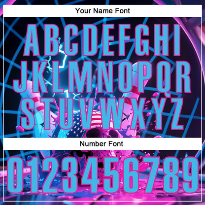 Custom Navy Sky Blue-Deep Pink 3D American Flag Splash Lightning Skull Bowling Performance Polo Shirt