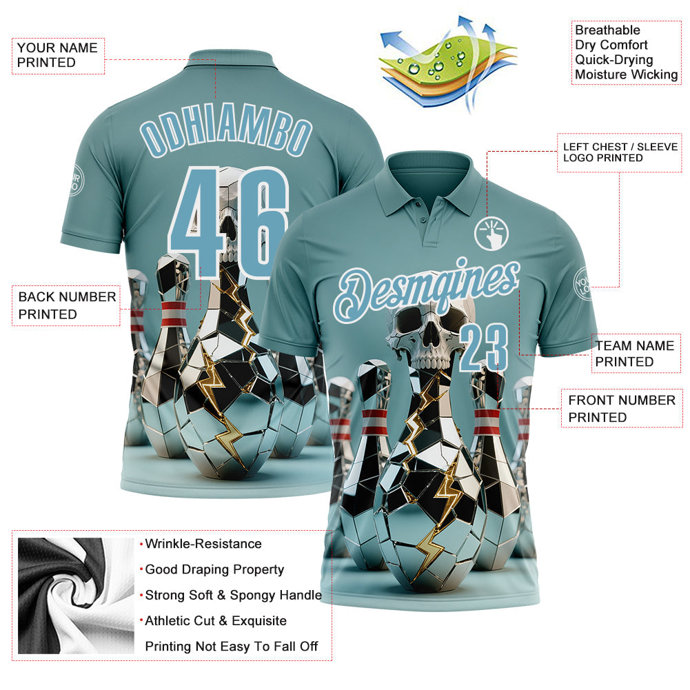 Custom Shadow Blue White 3D Shattered Mirror Skull Bowling Performance Polo Shirt