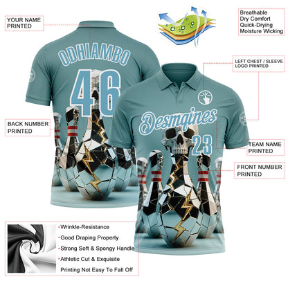 Custom Shadow Blue White 3D Shattered Mirror Skull Bowling Performance Polo Shirt
