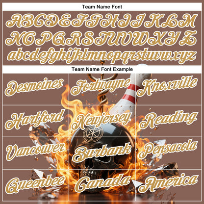 Custom Brown Old Gold-White 3D Flame Skull Bowling Performance Polo Shirt