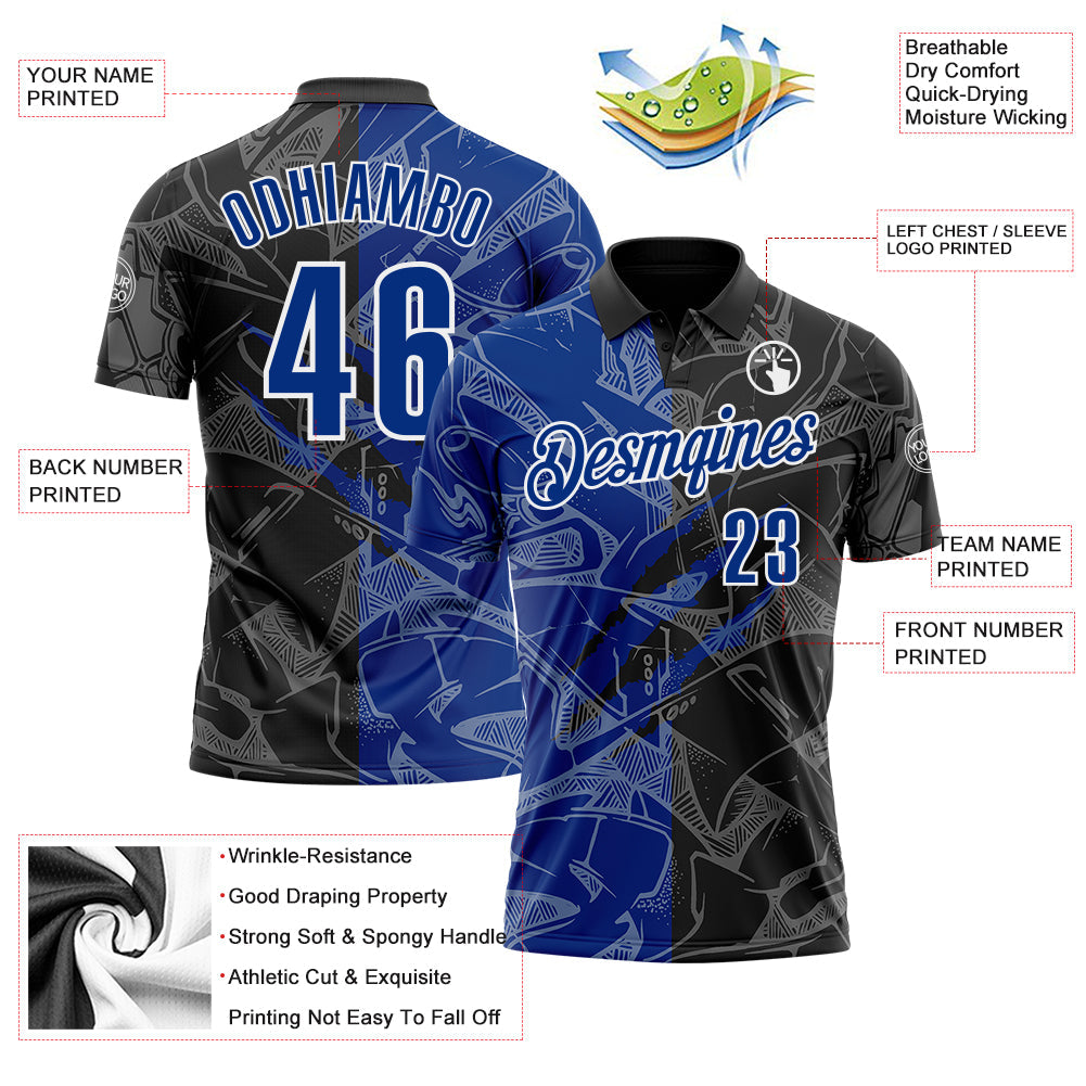 Custom Graffiti Pattern Royal Black-White 3D Scratch Performance Polo Shirt