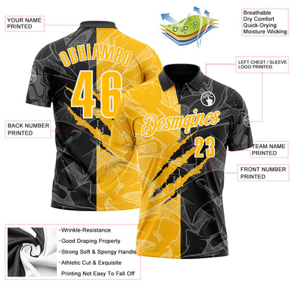 Custom Graffiti Pattern Gold Black-White 3D Scratch Performance Polo Shirt