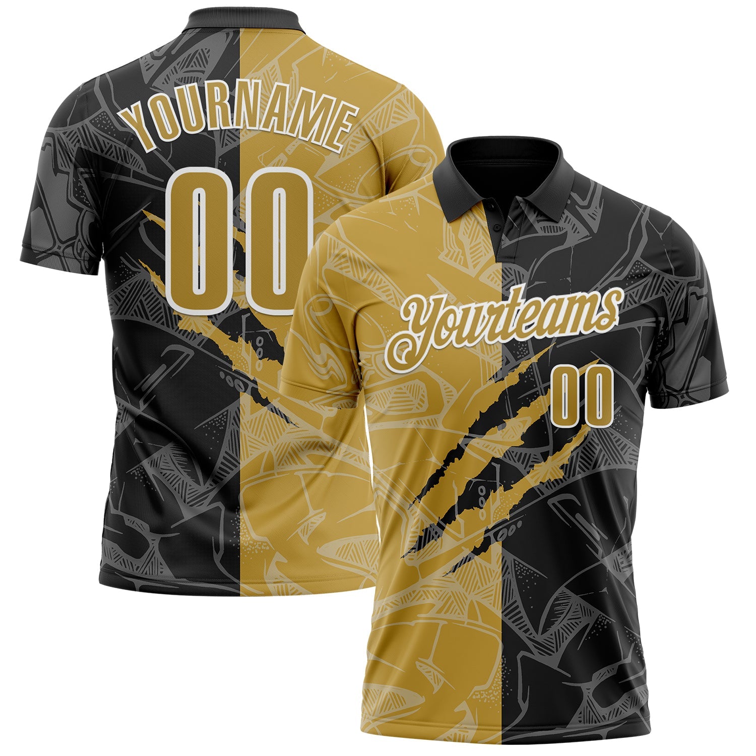 Custom Graffiti Pattern Old Gold Black-White 3D Scratch Performance Polo Shirt