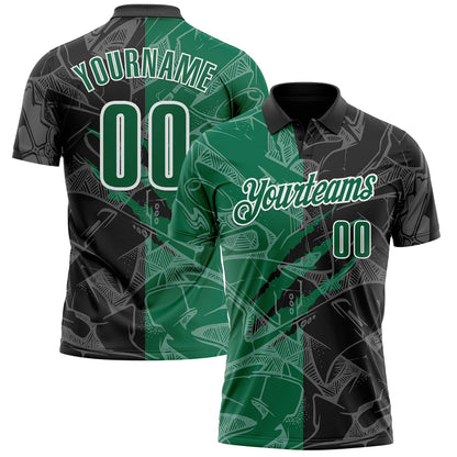 Custom Graffiti Pattern Kelly Green Black-White 3D Scratch Performance Polo Shirt