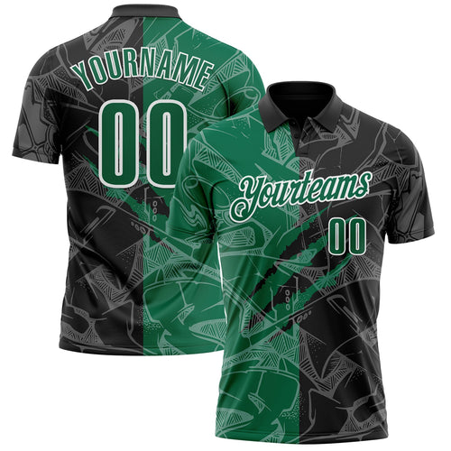 Custom Graffiti Pattern Kelly Green Black-White 3D Scratch Performance Polo Shirt