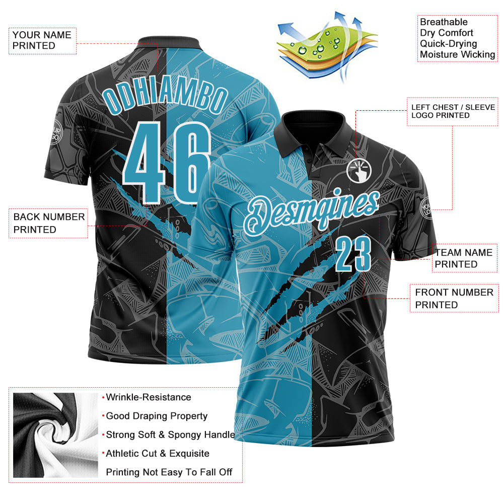 Custom Graffiti Pattern Panther Blue Black-White 3D Scratch Performance Polo Shirt
