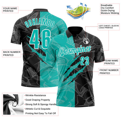 Custom Graffiti Pattern Aqua Black-White 3D Scratch Performance Polo Shirt