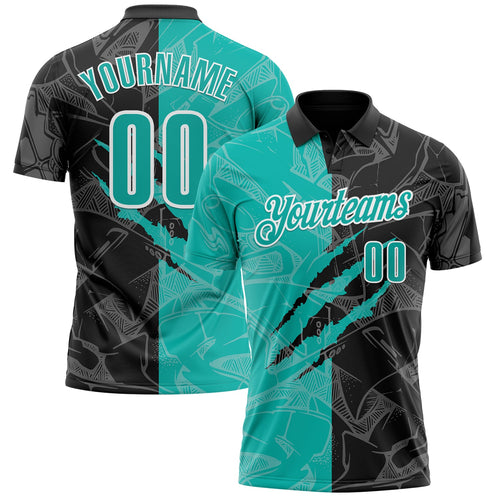 Custom Graffiti Pattern Aqua Black-White 3D Scratch Performance Polo Shirt