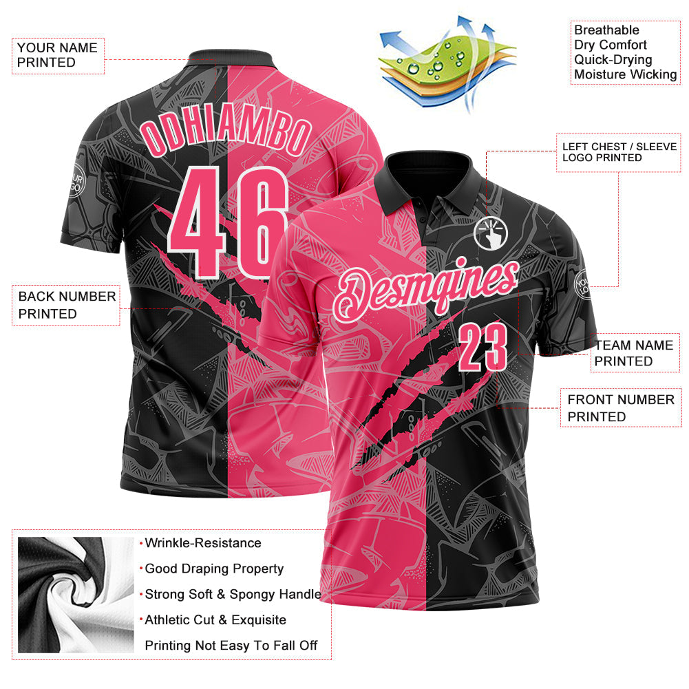 Custom Graffiti Pattern Neon Pink Black-White 3D Scratch Performance Polo Shirt