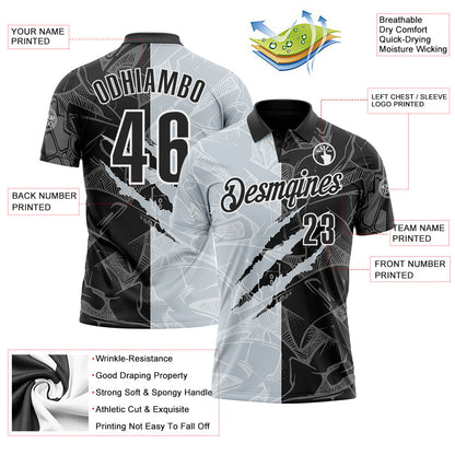 Custom Graffiti Pattern Black Silver-White 3D Scratch Performance Polo Shirt