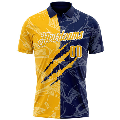 Custom Graffiti Pattern Gold Navy-White 3D Scratch Performance Polo Shirt