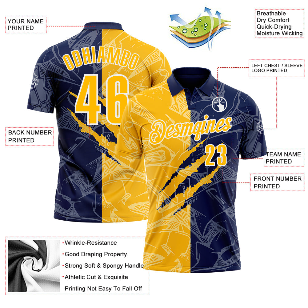 Custom Graffiti Pattern Gold Navy-White 3D Scratch Performance Polo Shirt