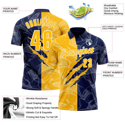 Custom Graffiti Pattern Gold Navy-White 3D Scratch Performance Polo Shirt