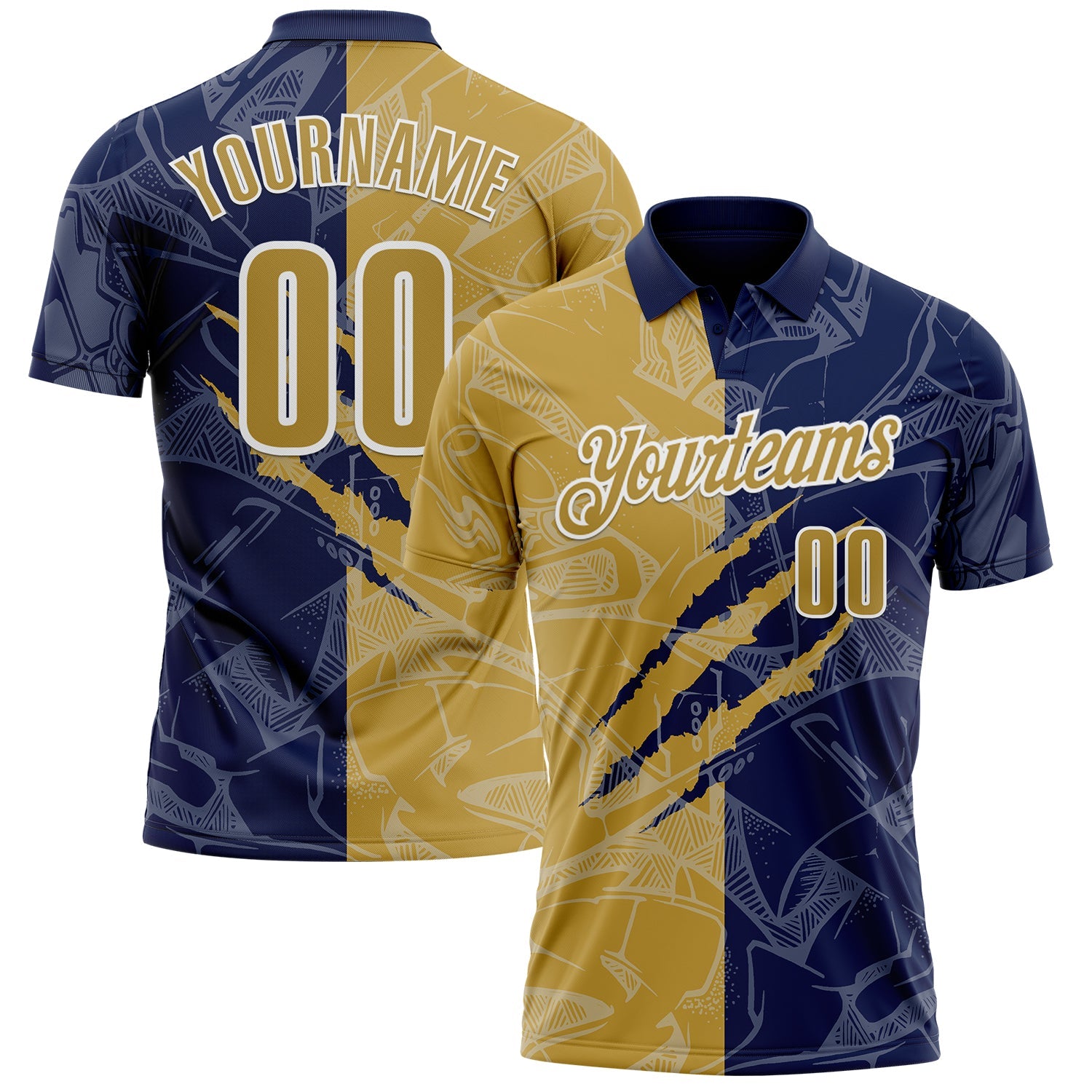 Custom Graffiti Pattern Old Gold Navy-White 3D Scratch Performance Polo Shirt