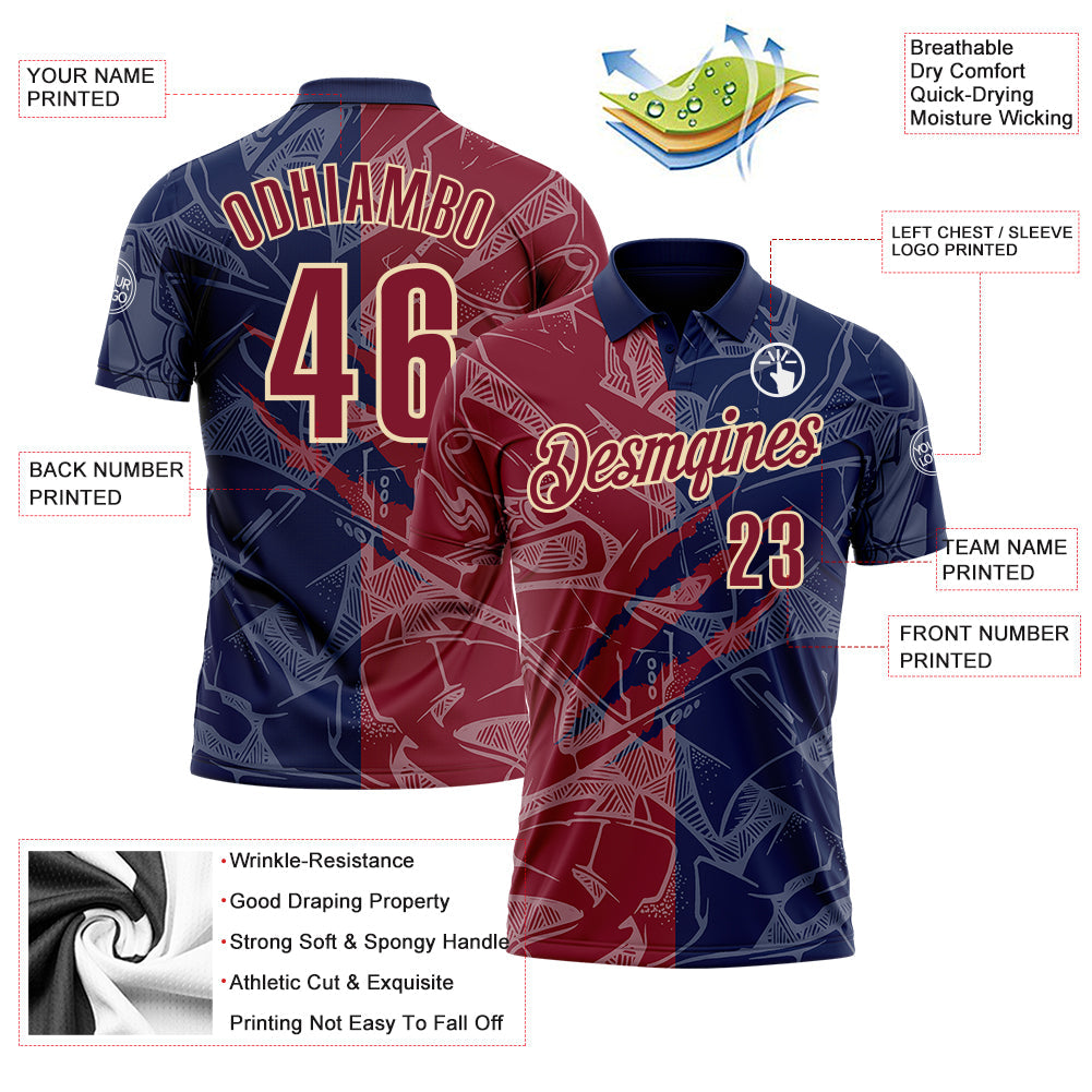 Custom Graffiti Pattern Crimson Navy-Cream 3D Scratch Performance Polo Shirt