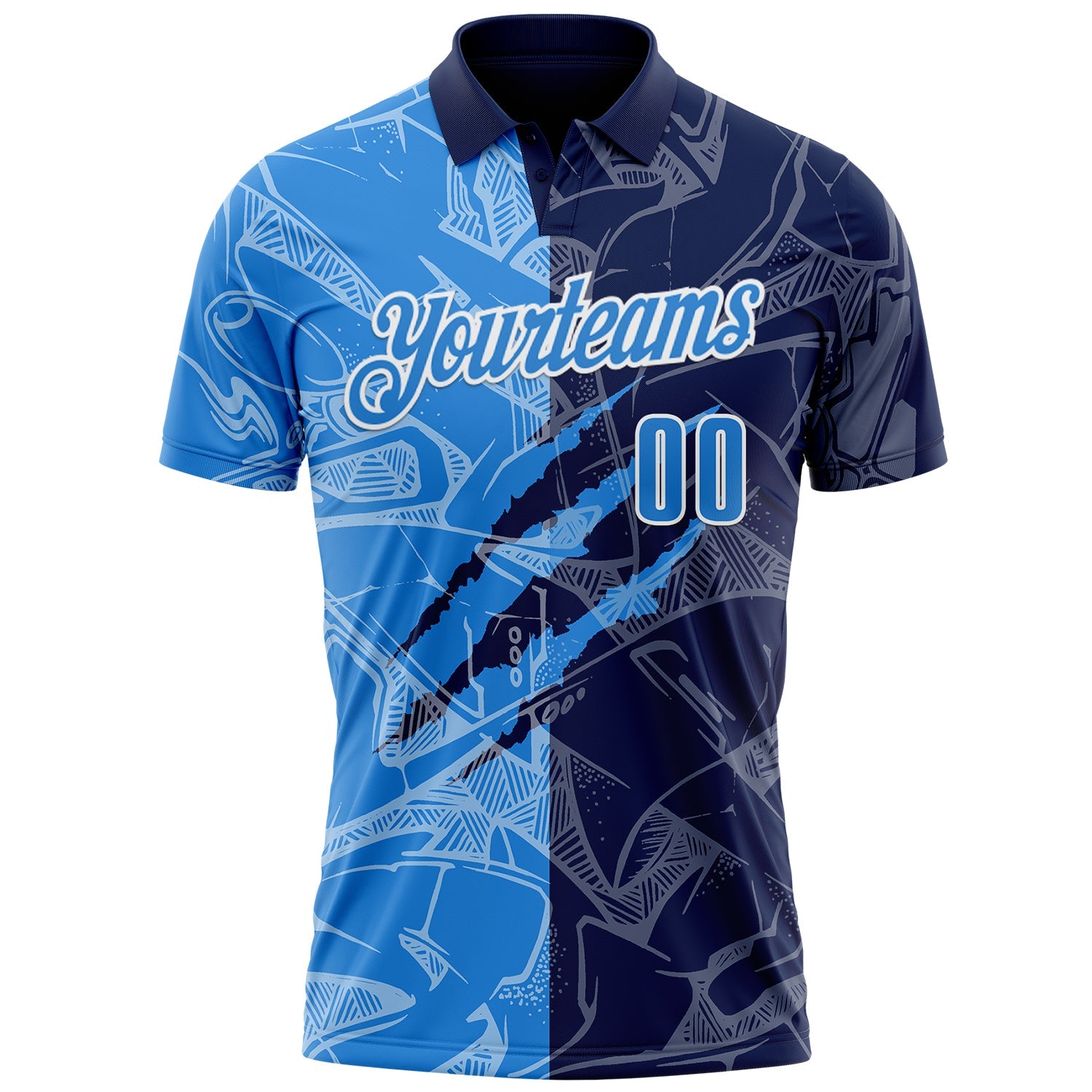 Custom Graffiti Pattern Powder Blue Navy-White 3D Scratch Performance Polo Shirt