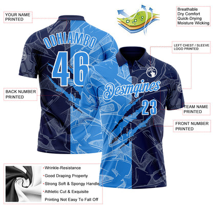 Custom Graffiti Pattern Powder Blue Navy-White 3D Scratch Performance Polo Shirt