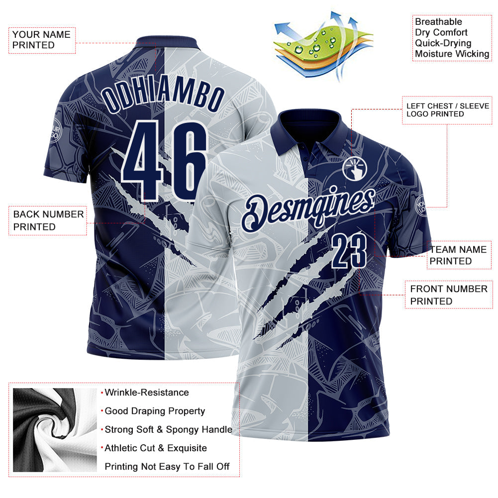 Custom Graffiti Pattern Navy Silver-White 3D Scratch Performance Polo Shirt