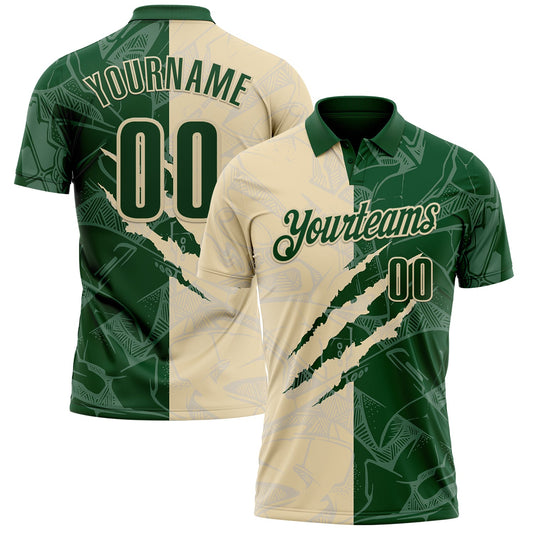 Custom Graffiti Pattern Green-Cream 3D Scratch Performance Polo Shirt
