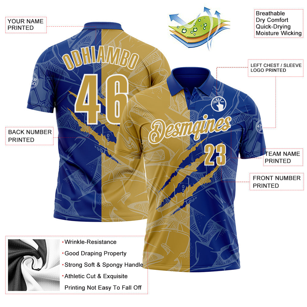 Custom Graffiti Pattern Old Gold Royal-White 3D Scratch Performance Polo Shirt