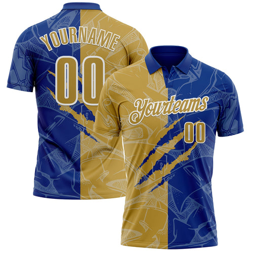 Custom Graffiti Pattern Old Gold Royal-White 3D Scratch Performance Polo Shirt