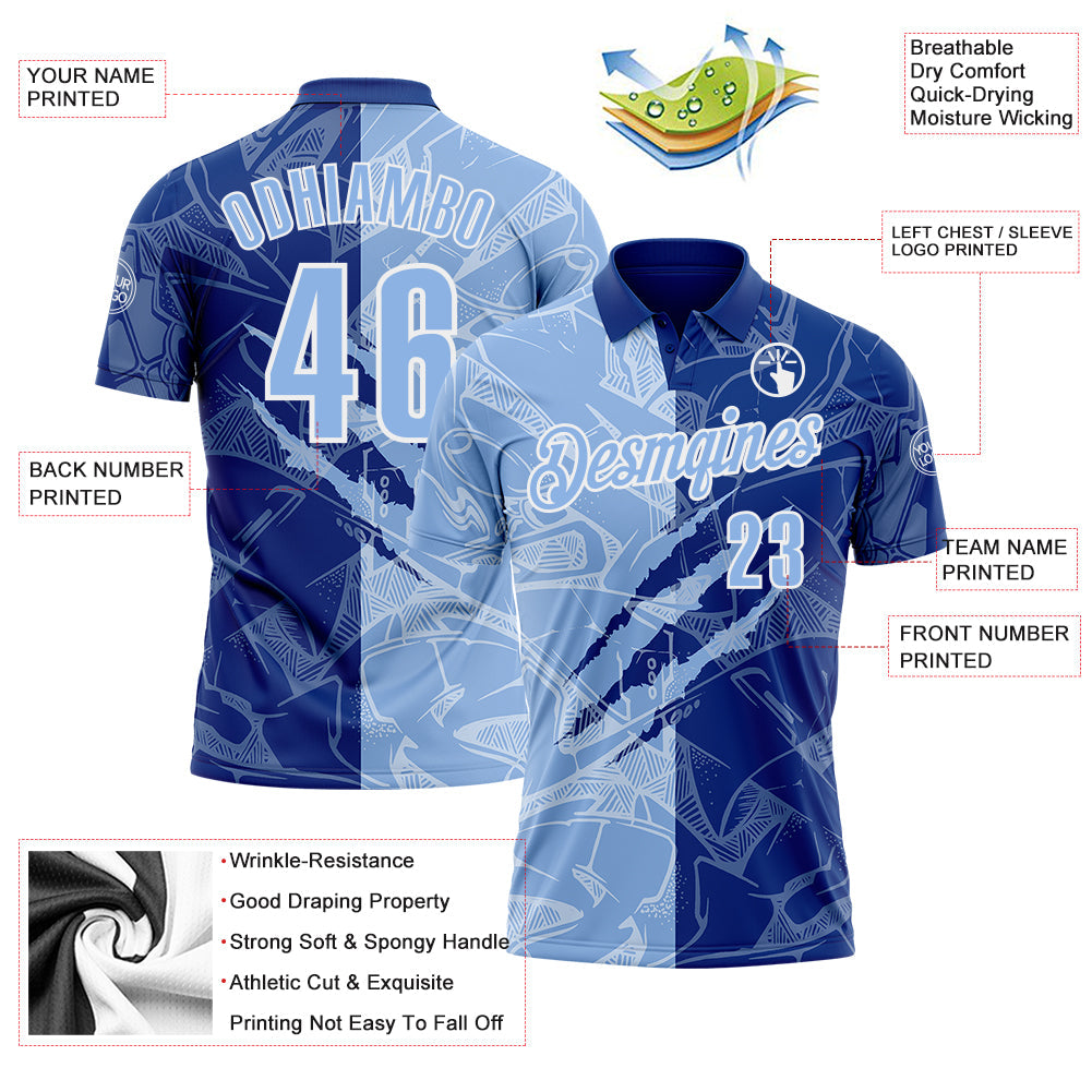 Custom Graffiti Pattern Light Blue Royal-White 3D Scratch Performance Polo Shirt