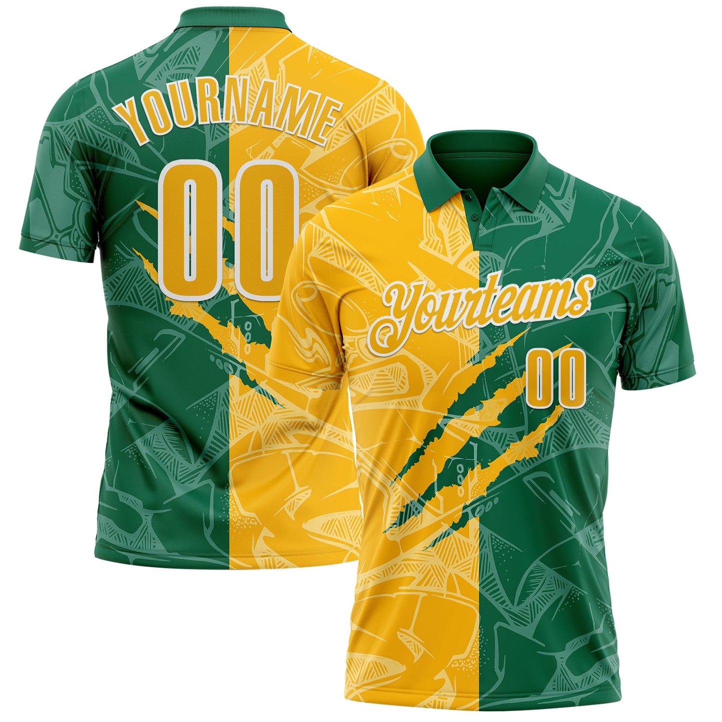 Custom Graffiti Pattern Gold Kelly Green-White 3D Scratch Performance Polo Shirt