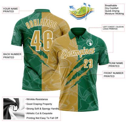 Custom Graffiti Pattern Old Gold Kelly Green-White 3D Scratch Performance Polo Shirt
