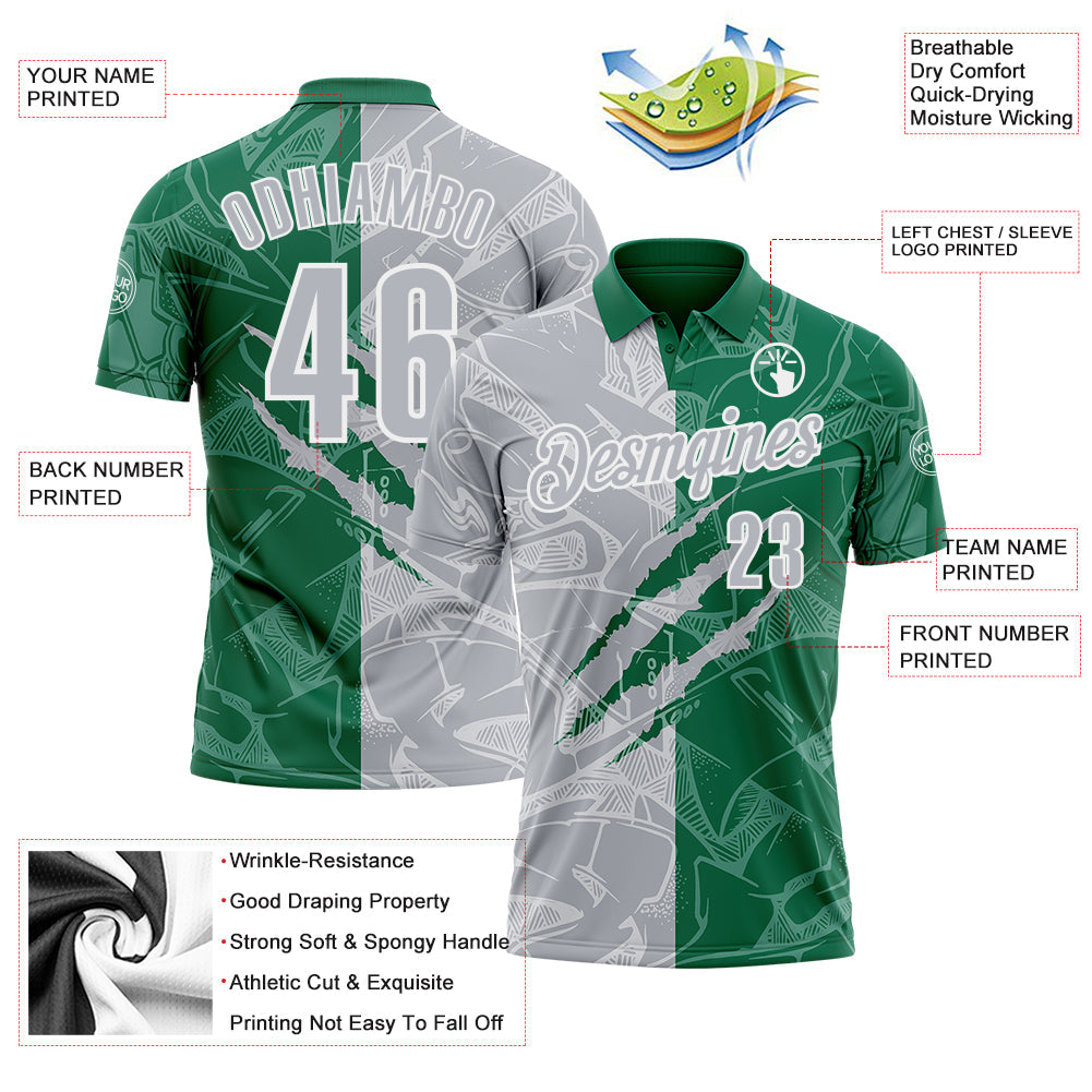 Custom Graffiti Pattern Gray Kelly Green-White 3D Scratch Performance Polo Shirt