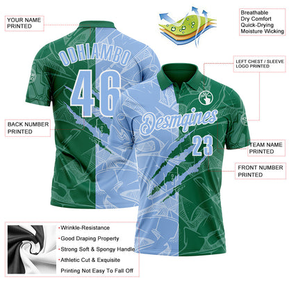 Custom Graffiti Pattern Light Blue Kelly Green-White 3D Scratch Performance Polo Shirt