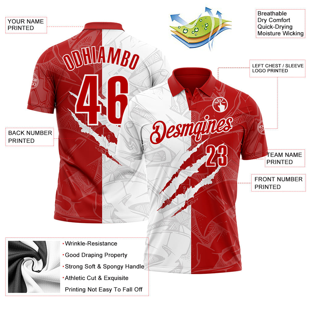 Custom Graffiti Pattern Red-White 3D Scratch Performance Polo Shirt