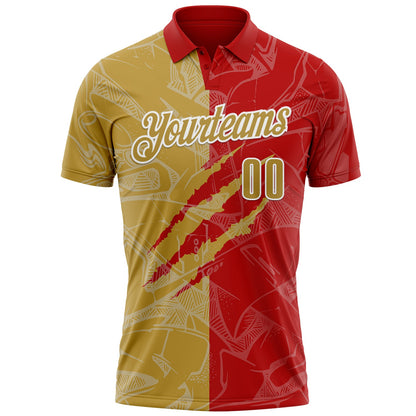 Custom Graffiti Pattern Old Gold Red-White 3D Scratch Performance Polo Shirt