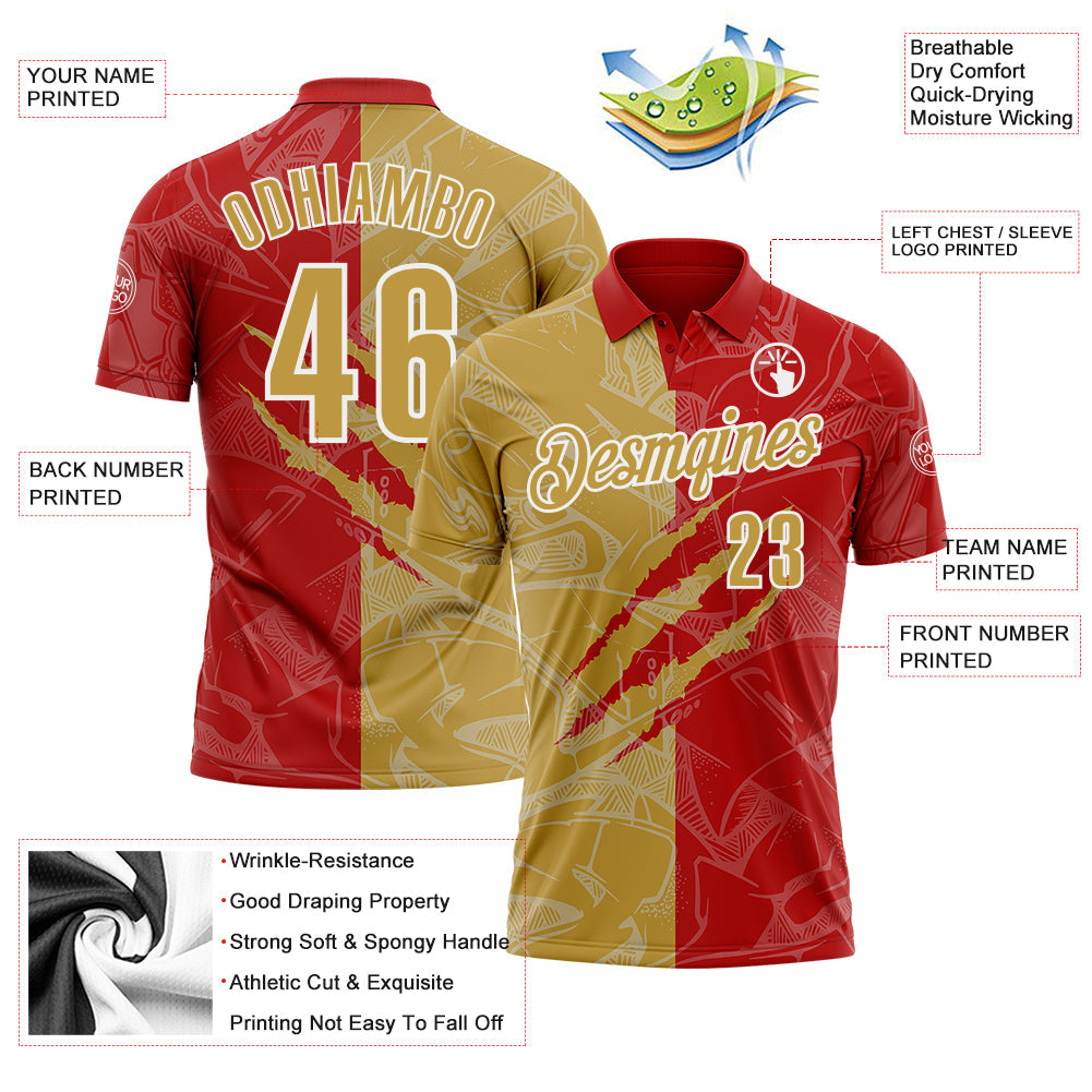Custom Graffiti Pattern Old Gold Red-White 3D Scratch Performance Polo Shirt