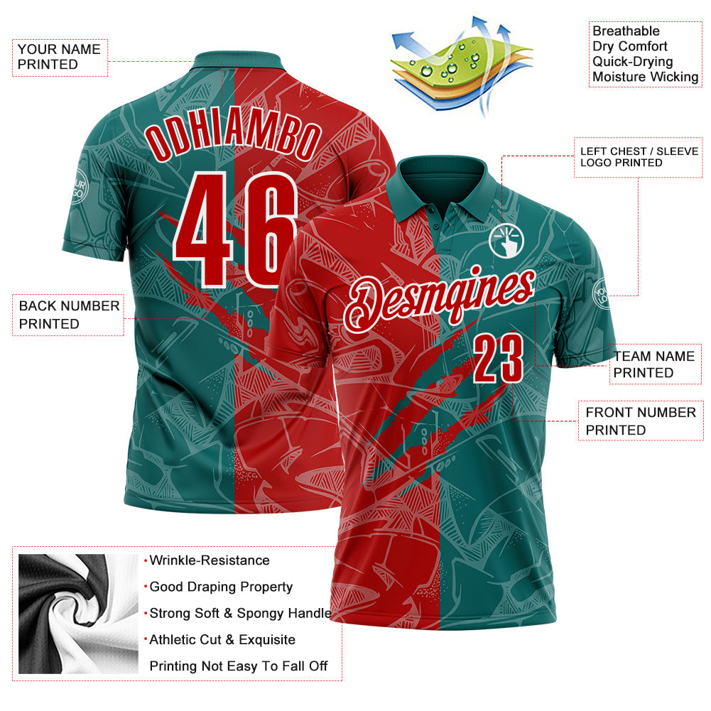 Custom Graffiti Pattern Red Teal-White 3D Scratch Performance Polo Shirt