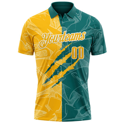 Custom Graffiti Pattern Gold Teal-White 3D Scratch Performance Polo Shirt