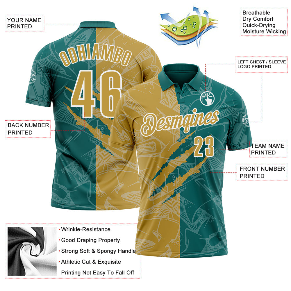 Custom Graffiti Pattern Old Gold Teal-White 3D Scratch Performance Polo Shirt