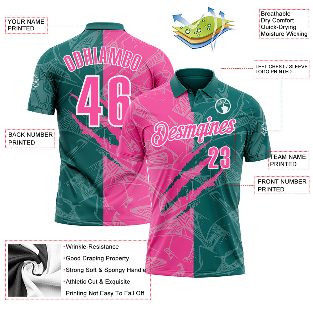 Custom Graffiti Pattern Pink Teal-White 3D Scratch Performance Polo Shirt