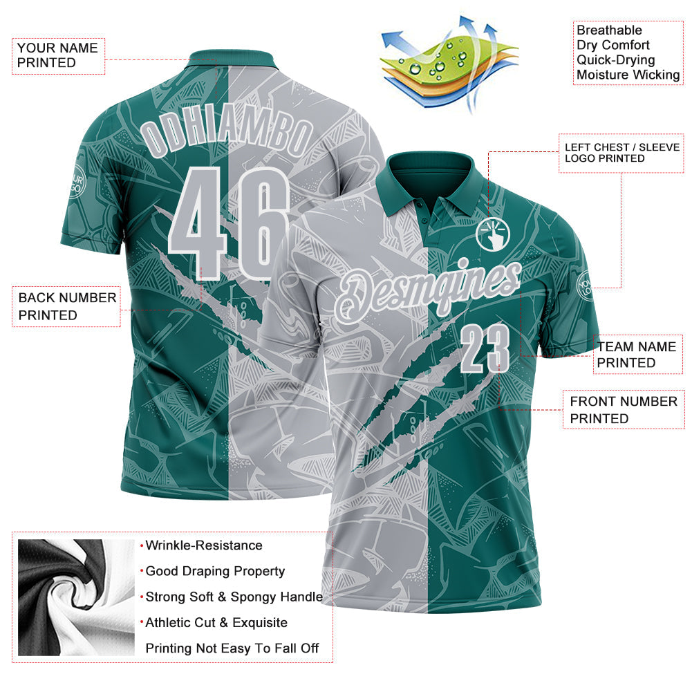 Custom Graffiti Pattern Gray Teal-White 3D Scratch Performance Polo Shirt
