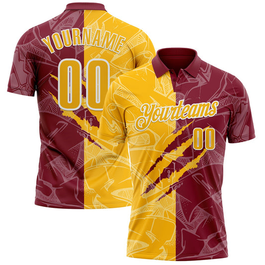 Custom Graffiti Pattern Gold Crimson-White 3D Scratch Performance Polo Shirt