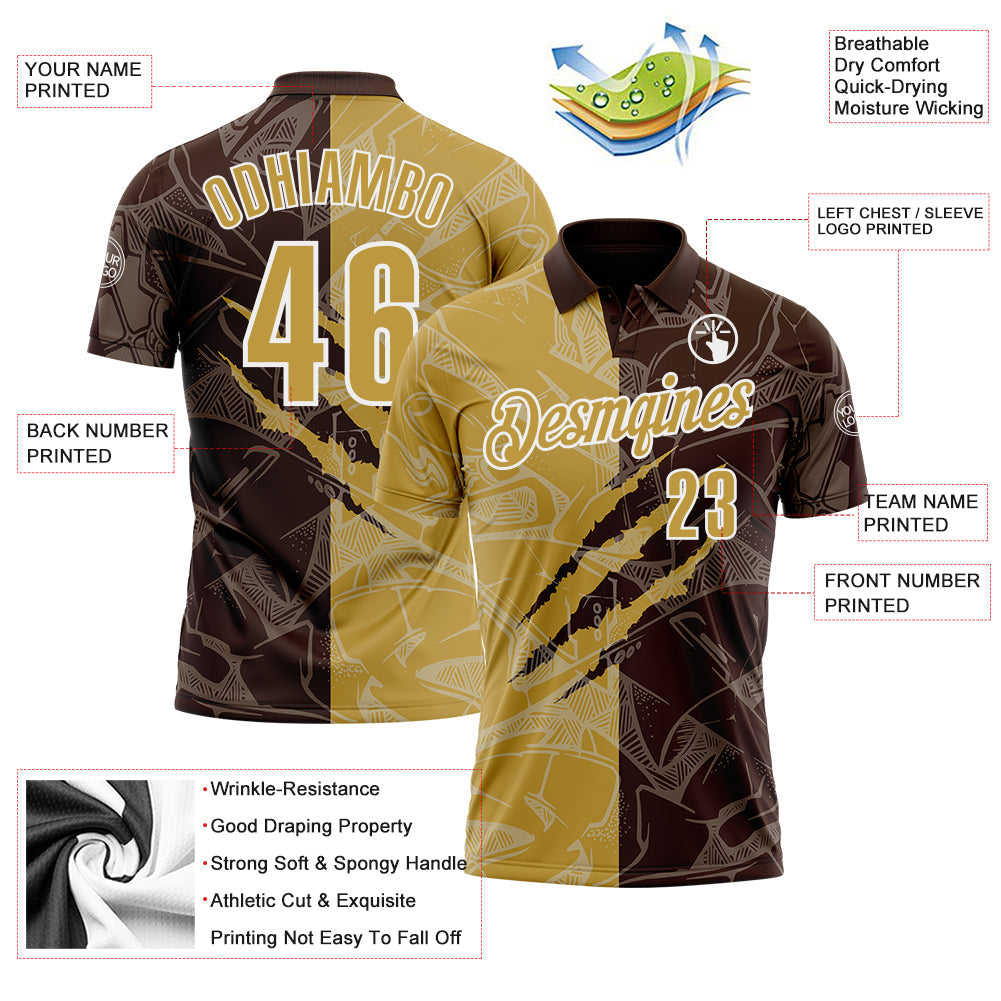Custom Graffiti Pattern Old Gold Brown-White 3D Scratch Performance Polo Shirt