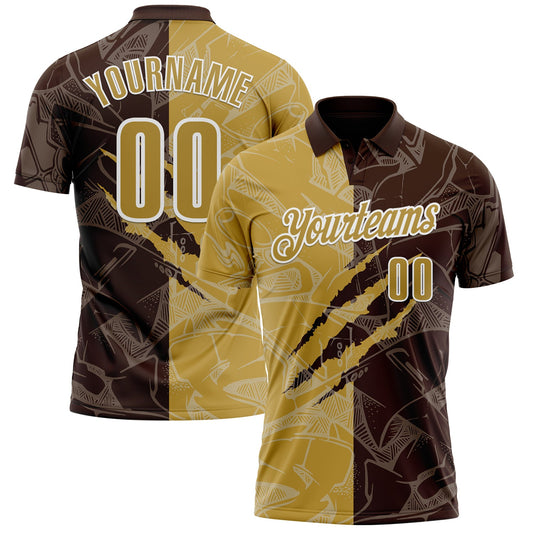 Custom Graffiti Pattern Old Gold Brown-White 3D Scratch Performance Polo Shirt