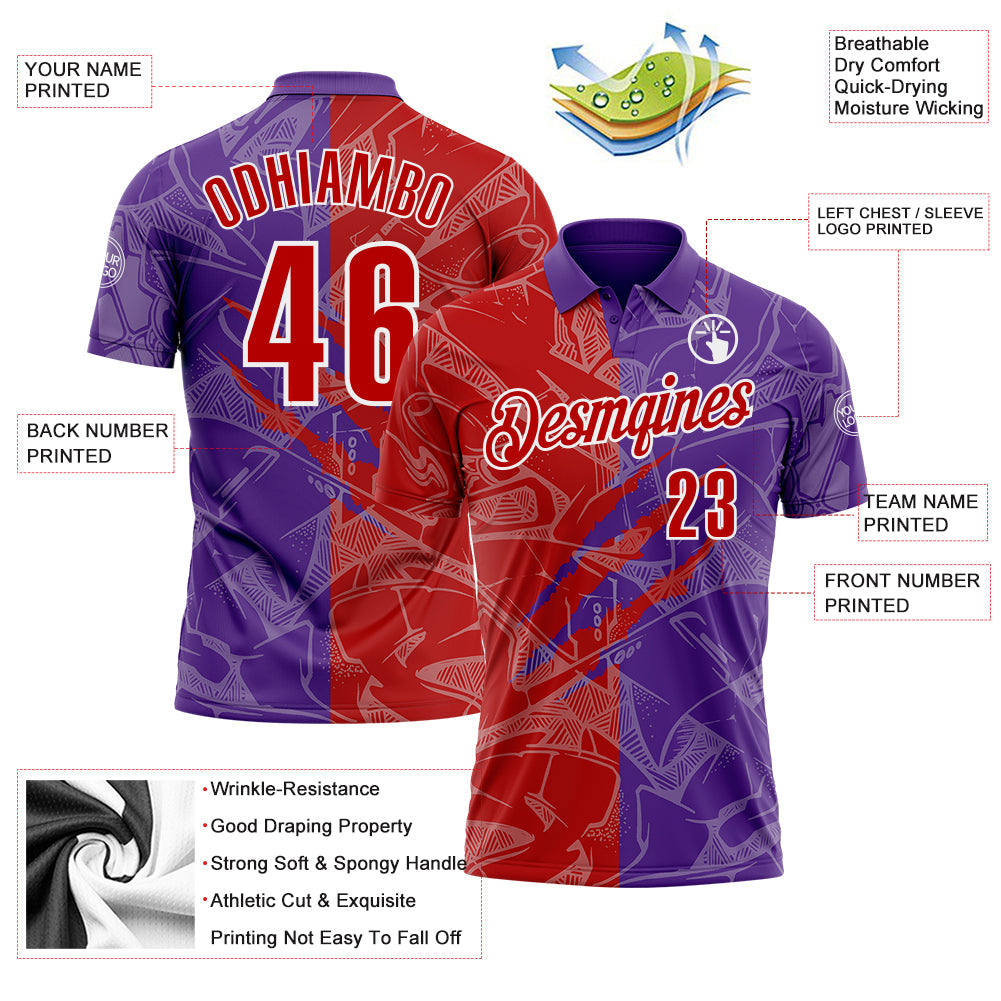Custom Graffiti Pattern Red Purple-White 3D Scratch Performance Polo Shirt