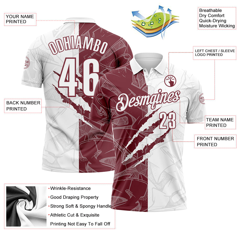 Custom Graffiti Pattern White-Burgundy 3D Scratch Performance Polo Shirt