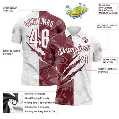 Custom Graffiti Pattern White-Burgundy 3D Scratch Performance Polo Shirt
