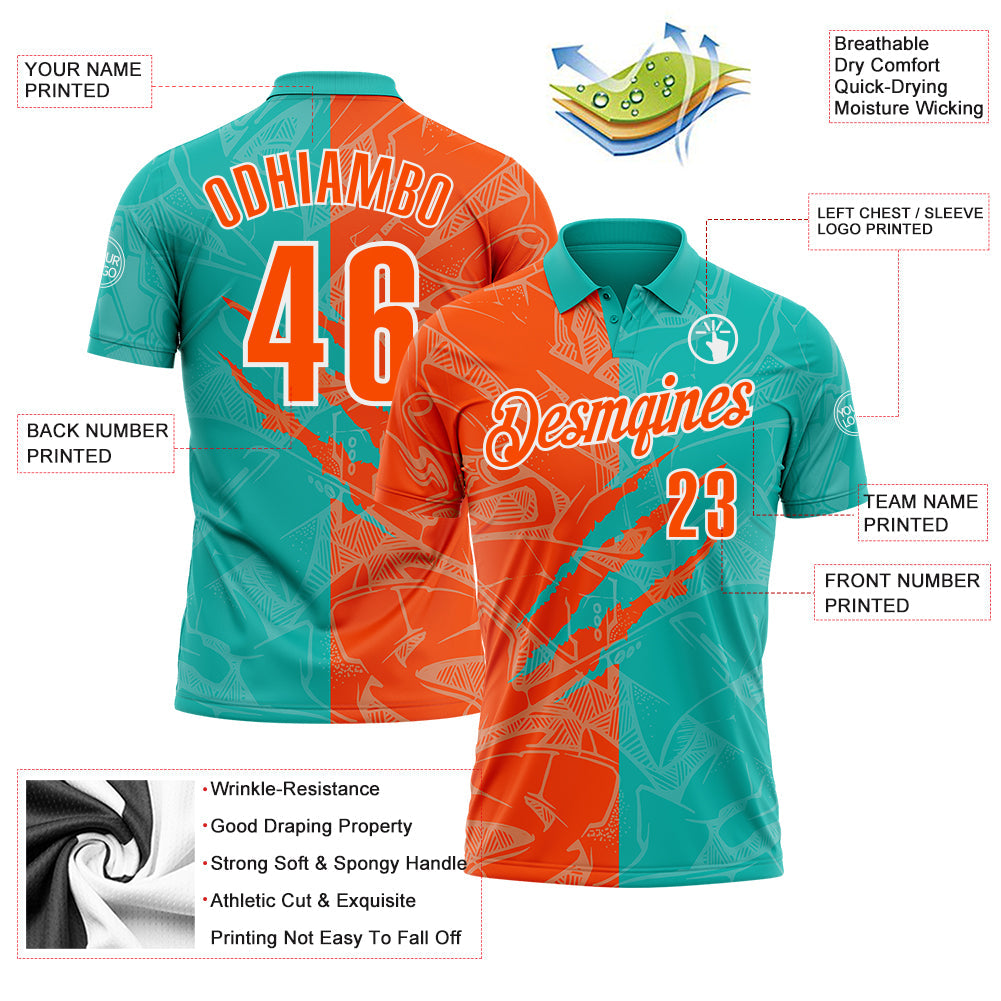 Custom Graffiti Pattern Orange Aqua-White 3D Scratch Performance Polo Shirt