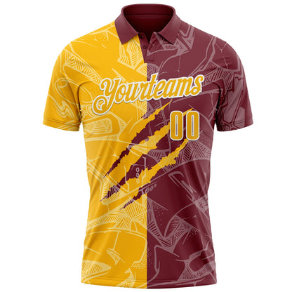 Custom Graffiti Pattern Gold Burgundy-White 3D Scratch Performance Polo Shirt