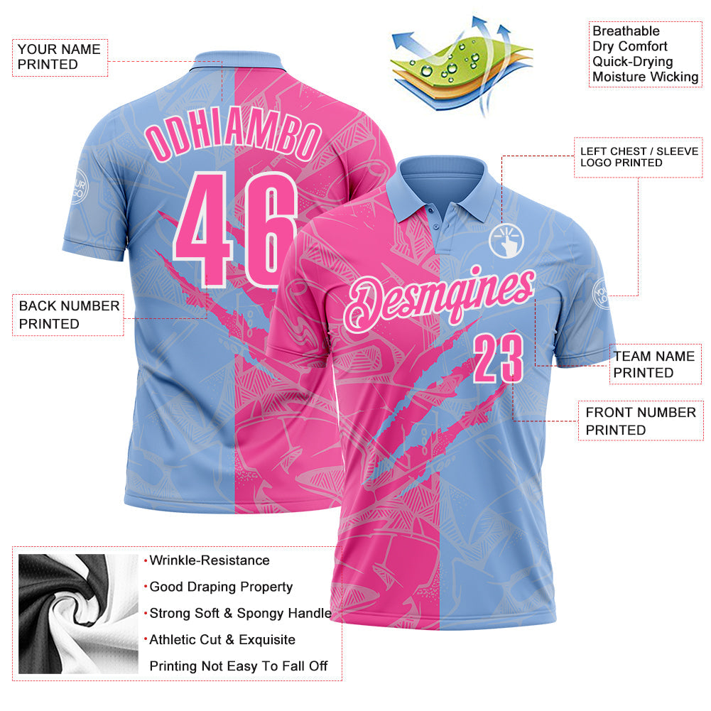 Custom Graffiti Pattern Pink Light Blue-White 3D Scratch Performance Polo Shirt