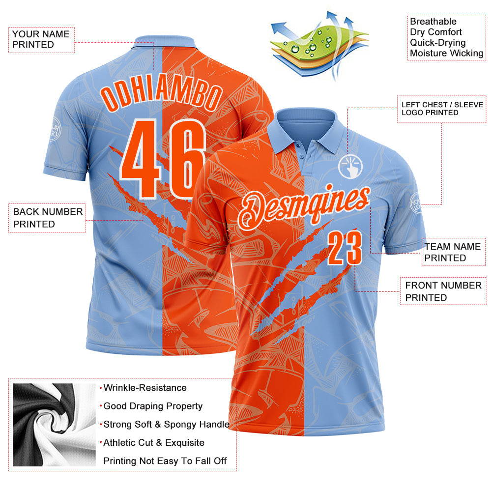 Custom Graffiti Pattern Orange Light Blue-White 3D Scratch Performance Polo Shirt