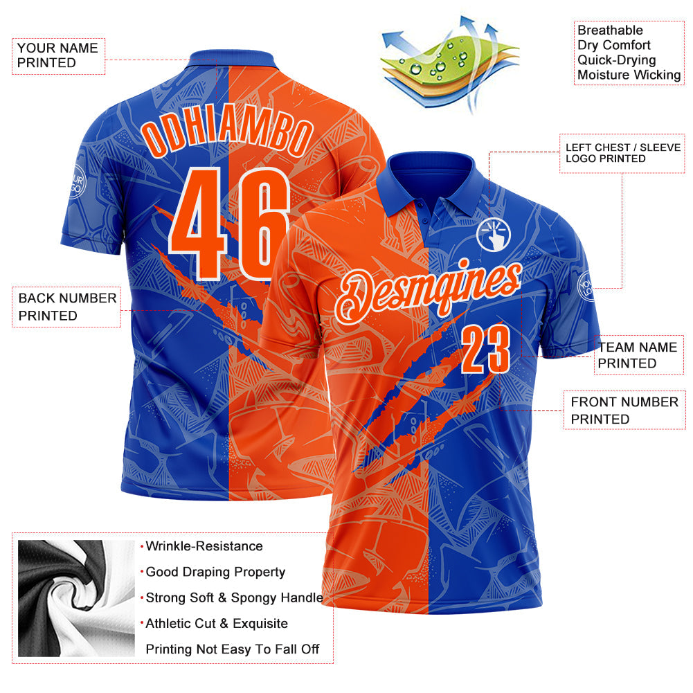 Custom Graffiti Pattern Orange Thunder Blue-White 3D Scratch Performance Polo Shirt