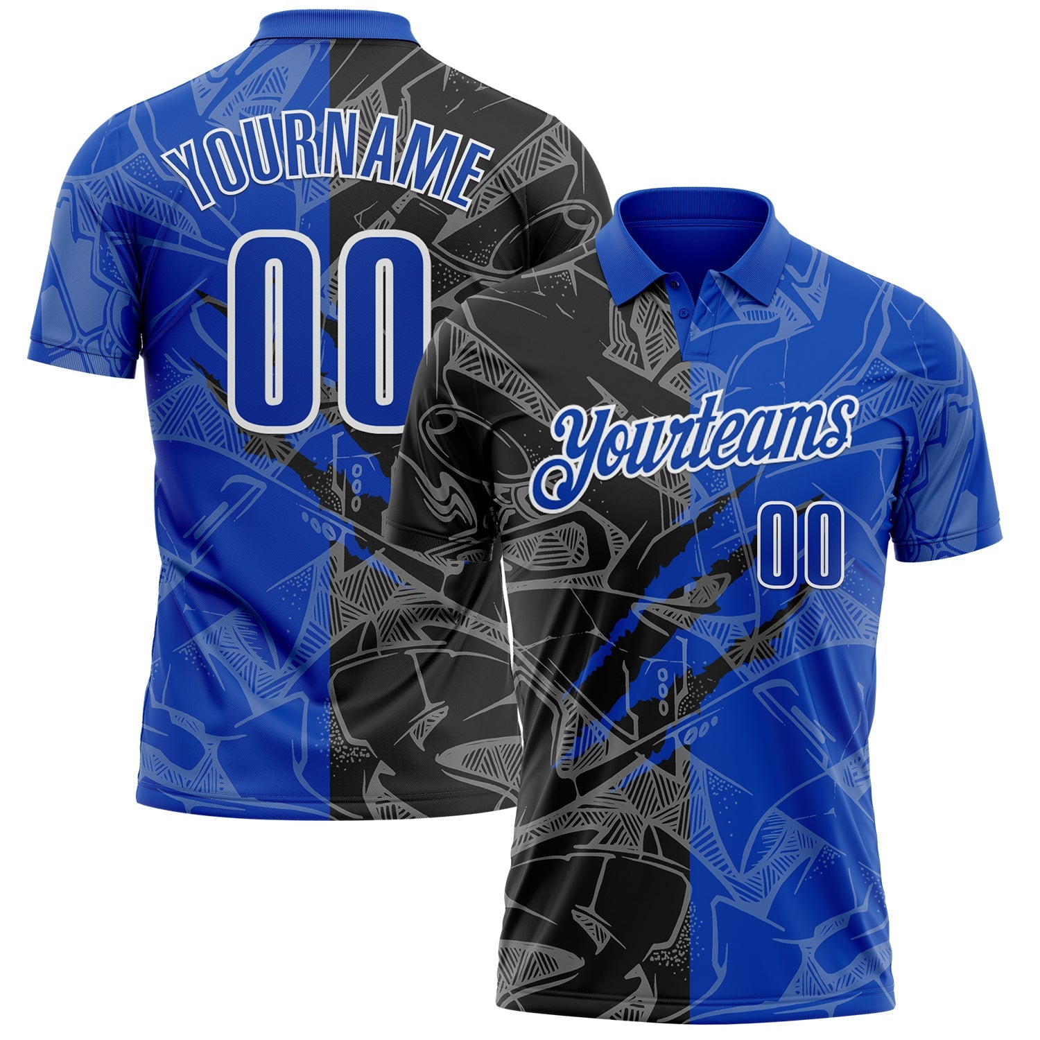 Custom Graffiti Pattern Thunder Blue Black-White 3D Scratch Performance Polo Shirt